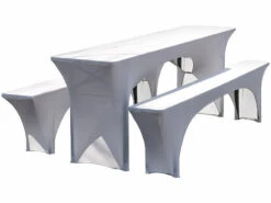 6 Housses Extensibles Pour Tables Et Bancs - Coloris Blanc -Maison Produit Magasin 3 housses extensibles pour table et bancs coloris blanc ref ZX6383 1 2