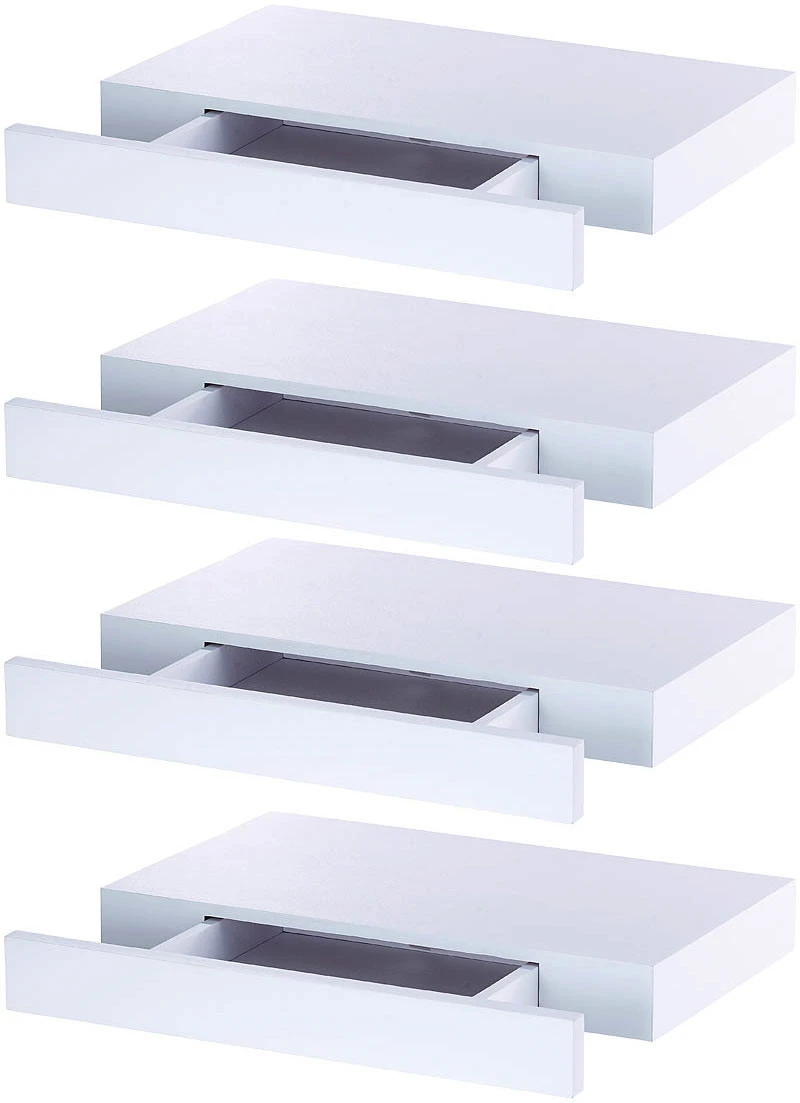 4 Étagères Murales Avec Tiroir Secret - Blanc 3 4 Étagères Murales Avec Tiroir Secret - Blanc