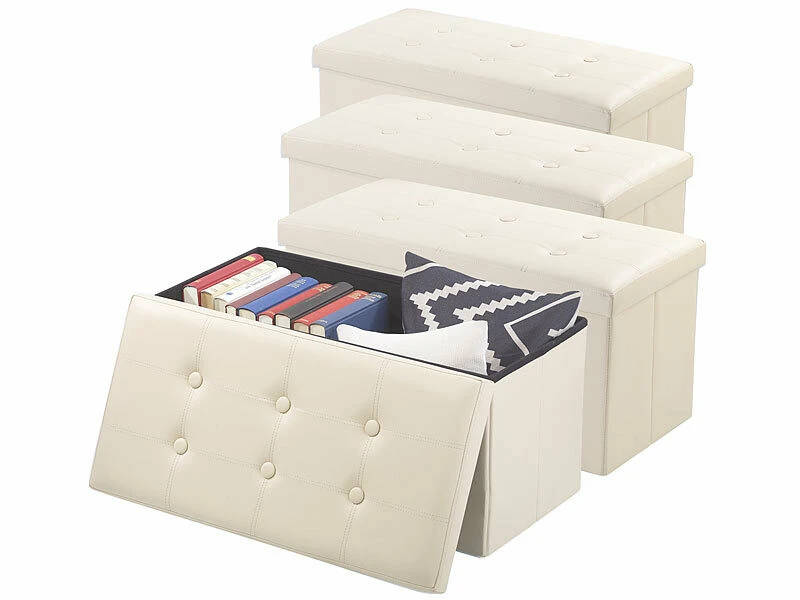 4 Sièges Pliables Aspect Cuir Avec Coffre De Rangement 80 L - Beige 3 4 Sièges Pliables Aspect Cuir Avec Coffre De Rangement 80 L - Beige