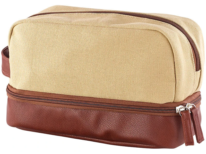 Trousse De Toilette En Toile à 2 Compartiments, Coloris Beige / Brun 3 Trousse De Toilette En Toile à 2 Compartiments, Coloris Beige / Brun